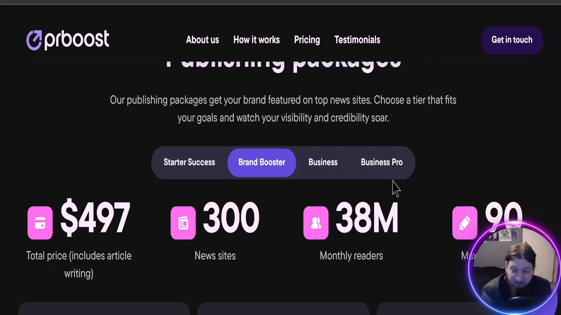 PRBoost packages and pricing overview with monthly reader counts and authority scores
