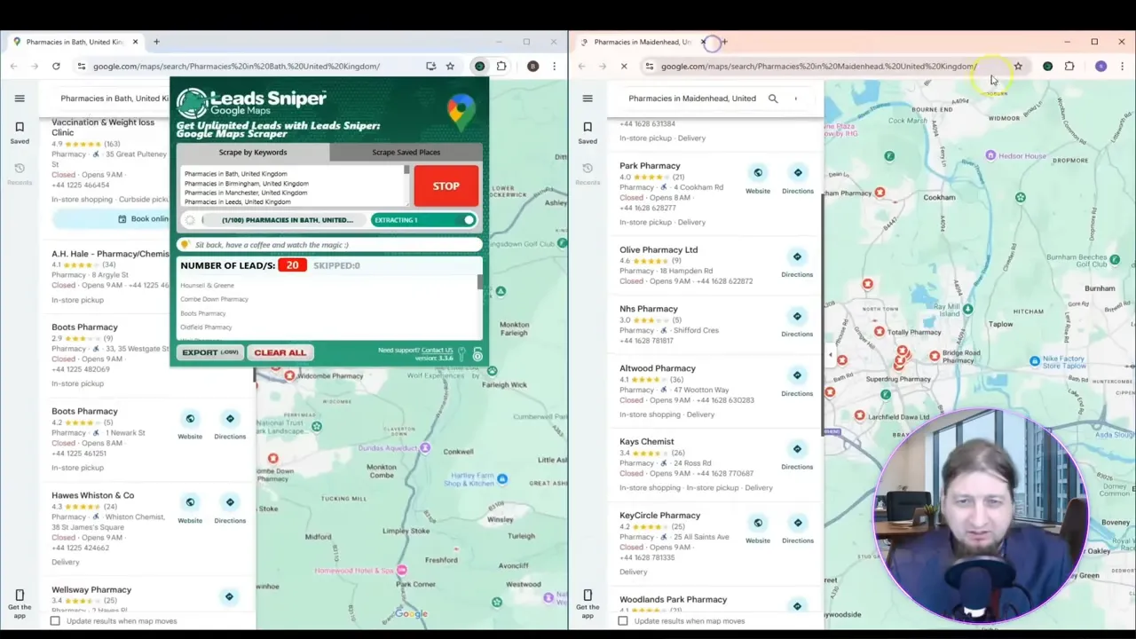 Lead Sniper running a Google Maps search and starting the scrape