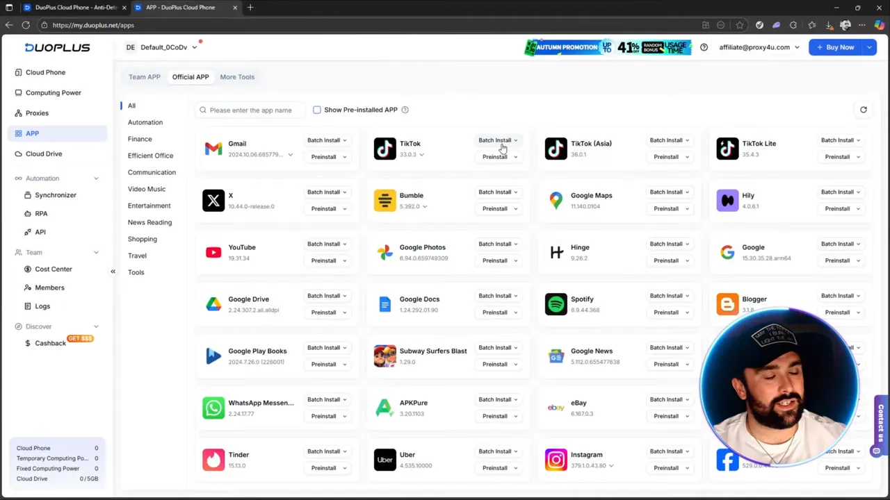 Duoplus app library showing icons for TikTok, Google Maps, YouTube and Batch Install buttons