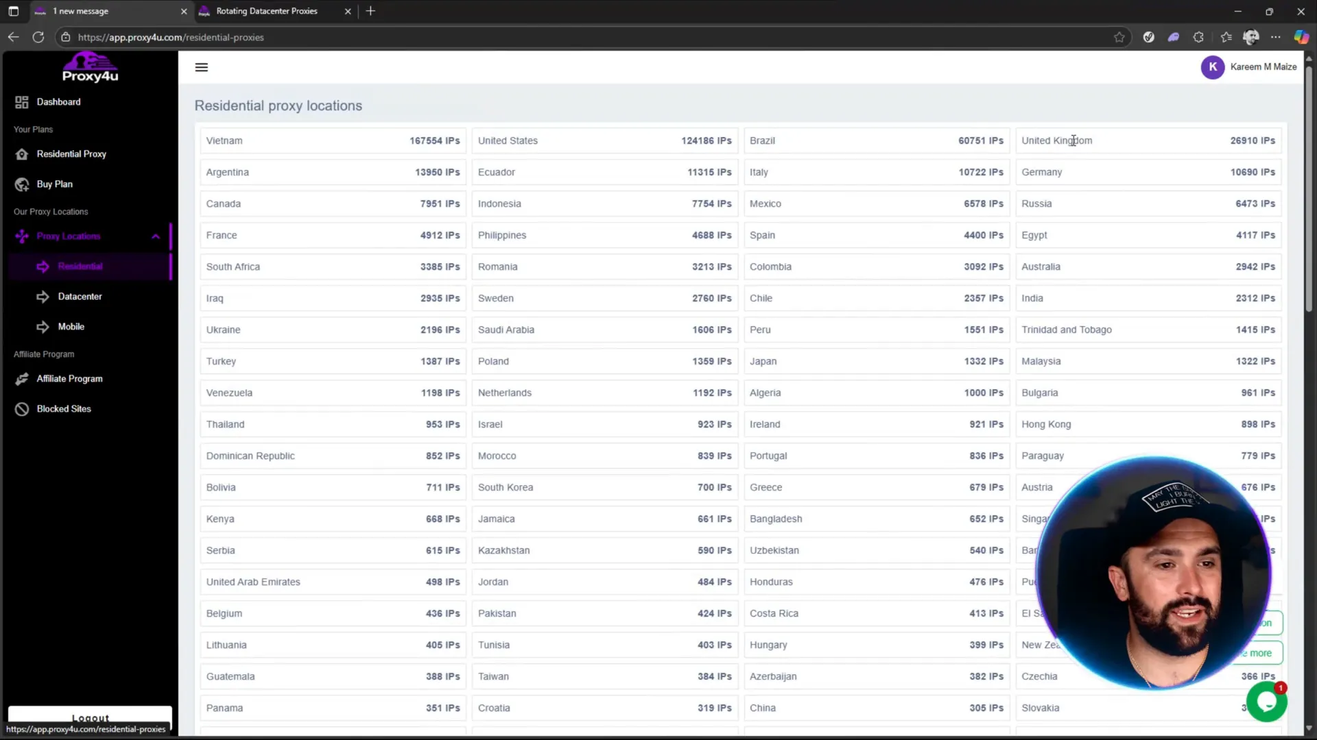 Dashboard showing available residential IPs by country and counts
