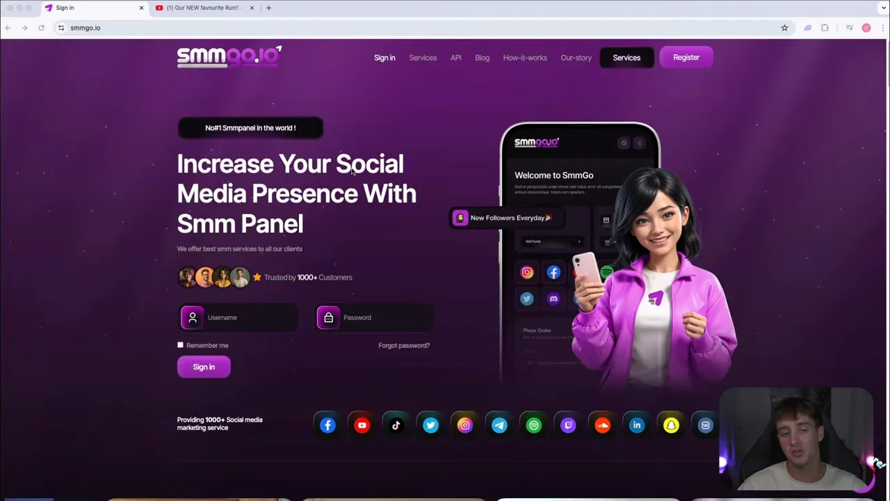 SmmGo homepage hero section with headline, app mockup and mascot on purple background