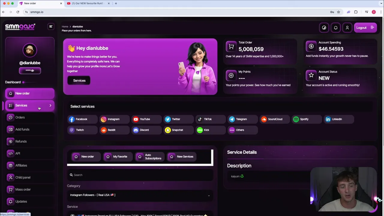 smmgo dashboard with Services menu selected and platform icons row including YouTube