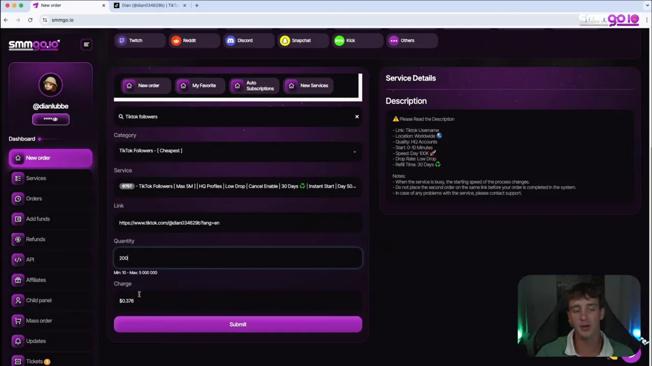 SMMGo order form with 200 followers entered and the calculated charge displayed