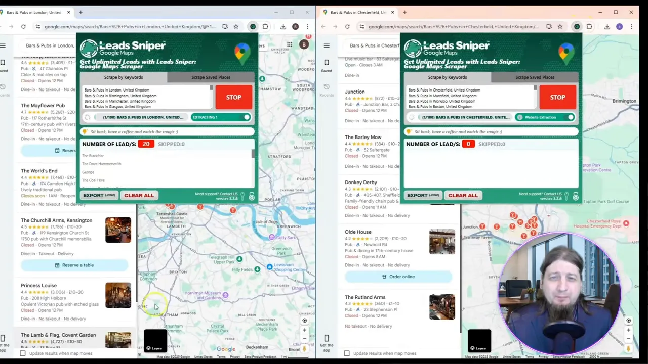 Lead Sniper running a Google Maps search for bars and pubs