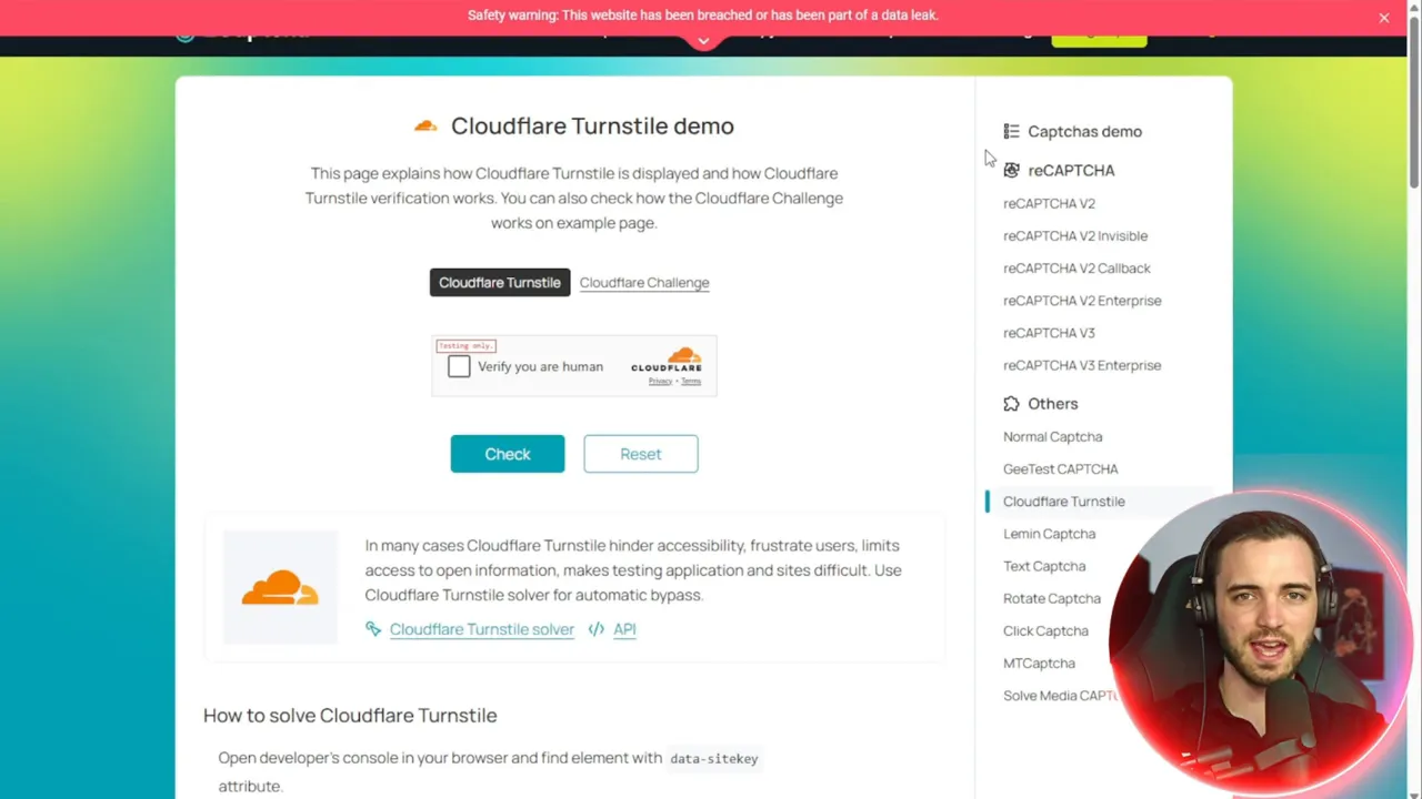 Cloudflare Turnstile demo page with 'Verify you are human' checkbox and demo buttons, presenter overlay in corner.