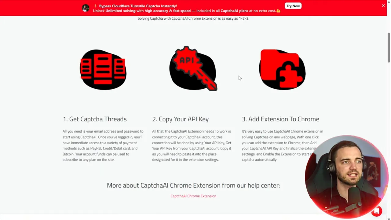 CaptchaAI site showing three steps: Get Captcha Threads, Copy Your API Key, Add Extension to Chrome with icons