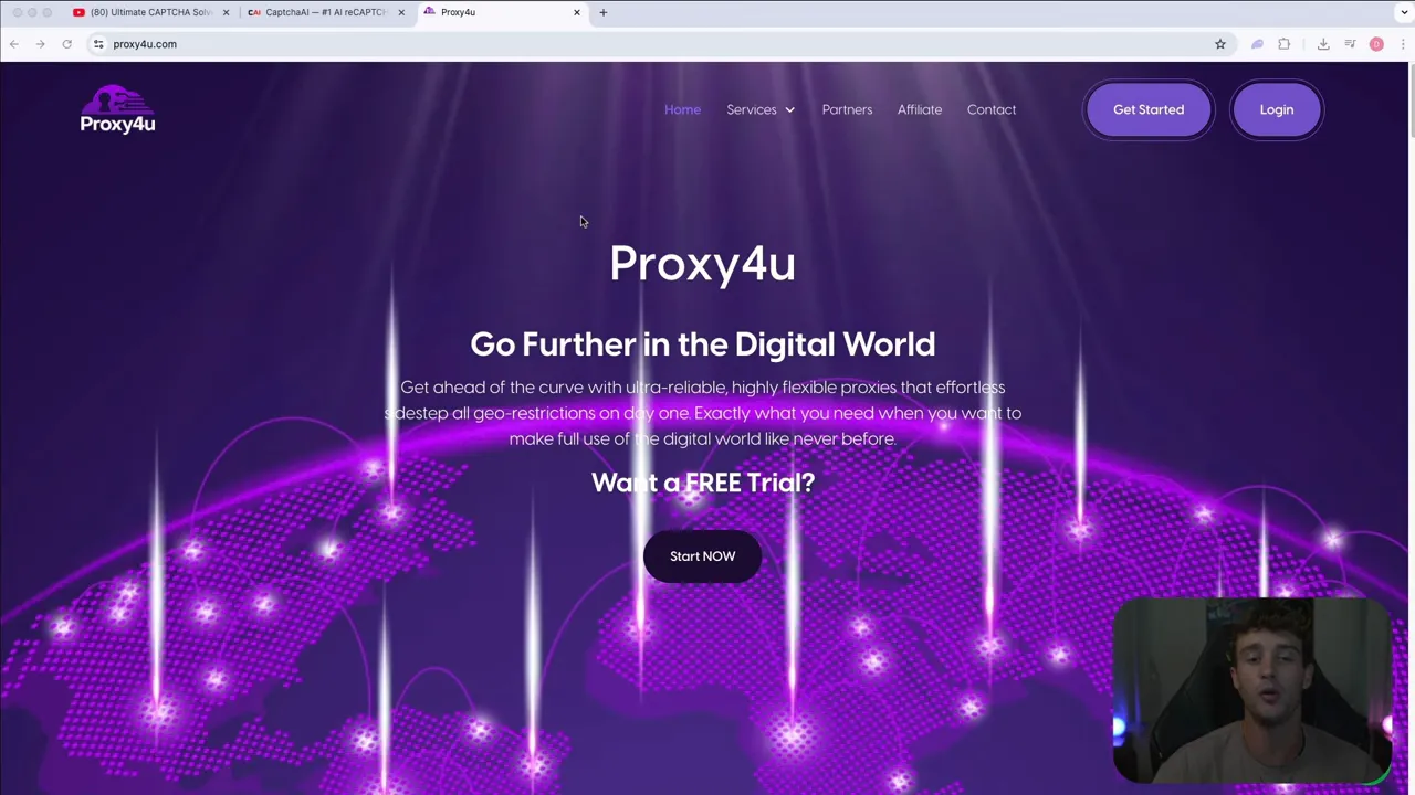 High-quality Proxy4u hero screenshot: purple global network background, 'Proxy4u' headline, 'Go Further in the Digital World' subheading and 'Want a FREE Trial?' CTA with small presenter inset.