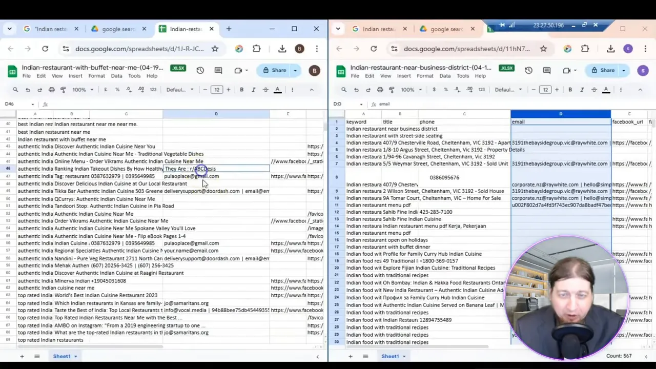 Example spreadsheet with phone numbers, addresses, and emails
