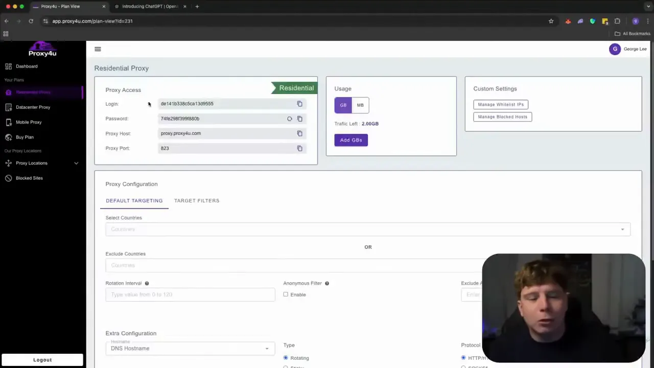 Proxy4u dashboard showing login lines, usage box and proxy configuration