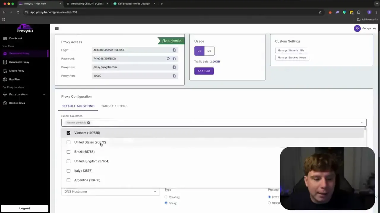 Proxy4u Dashboard mit geöffneter Länder-Auswahl (Vietnam ausgewählt) und eingeblendetem Moderator