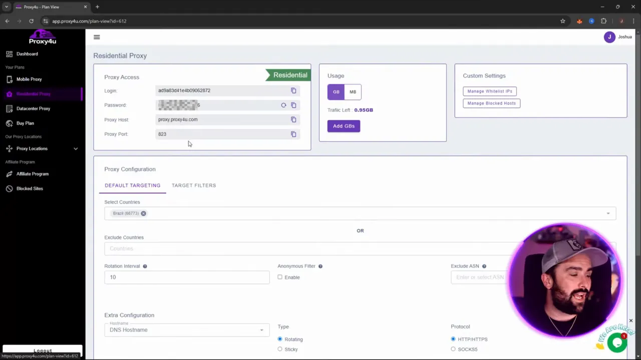Proxy4u dashboard with residential proxy settings