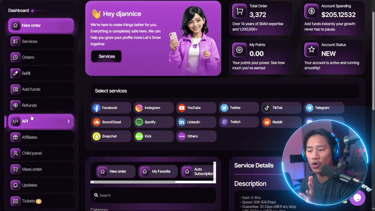 SMMGo dashboard showing new order and services menu