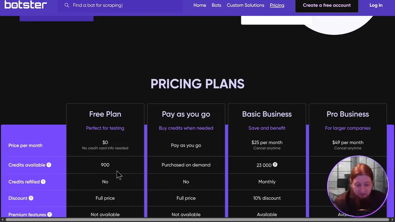 Botster pricing page and credit-based plans