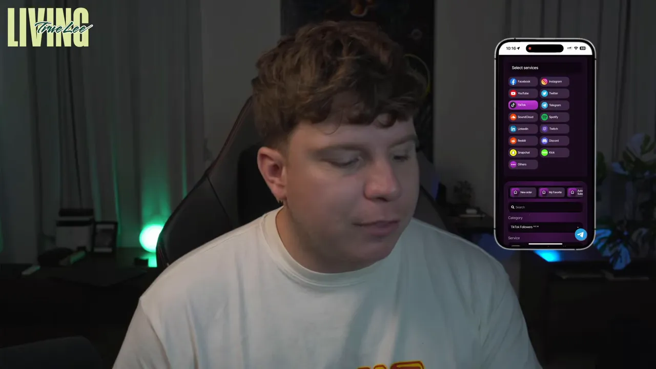 Mobile screenshot overlay showing a social media SMM panel UI with TikTok service selected