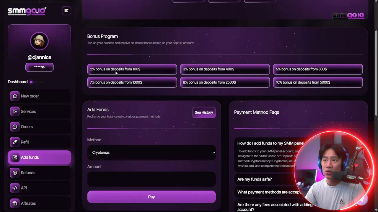 Add funds page on SMM panel showing bonus tiers, payment method, and pay button