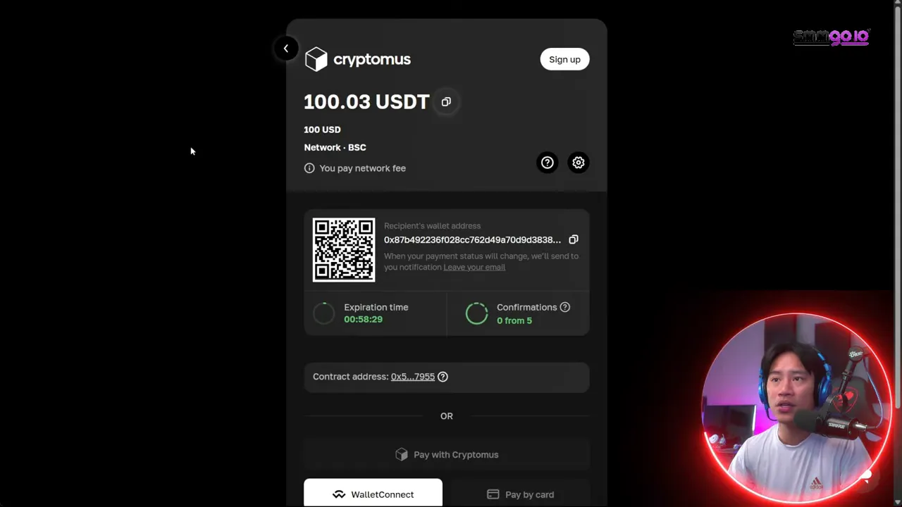 Clear Cryptomus payment screen showing 100.03 USDT, QR code and recipient wallet address with minimal face overlay