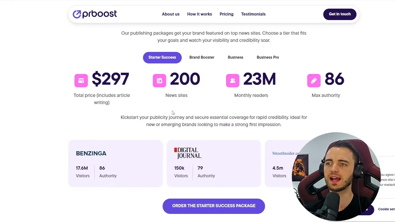 PR Boost package details and site metrics