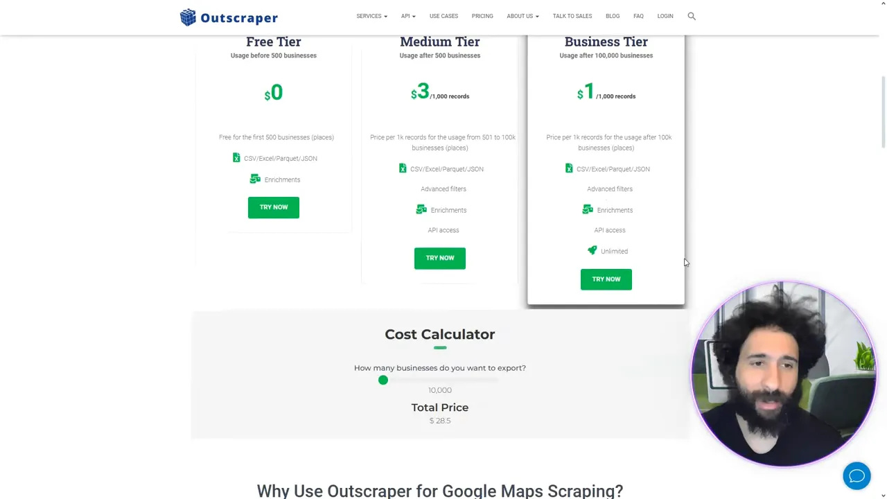 Outscraper pricing tiers and free plan displayed on screen