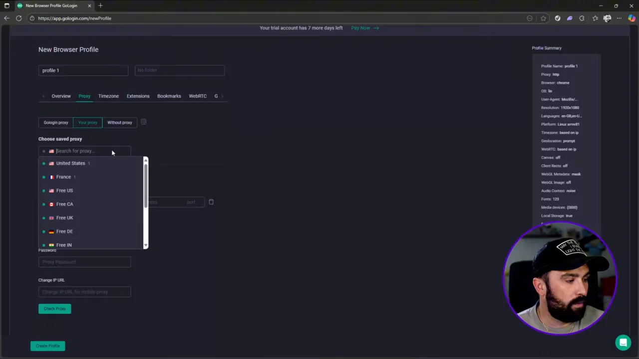 gologin profiles screen preparing to add proxy
