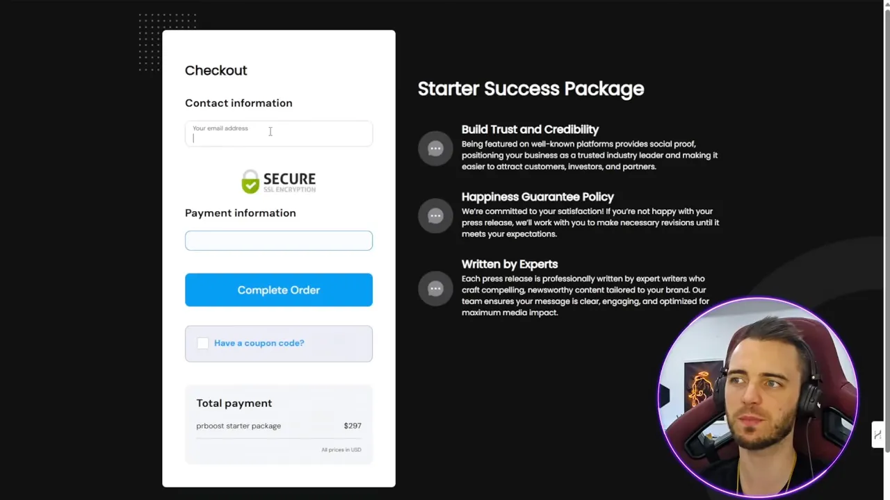 PRBoost order and payment screen with 'Complete Order' prompt