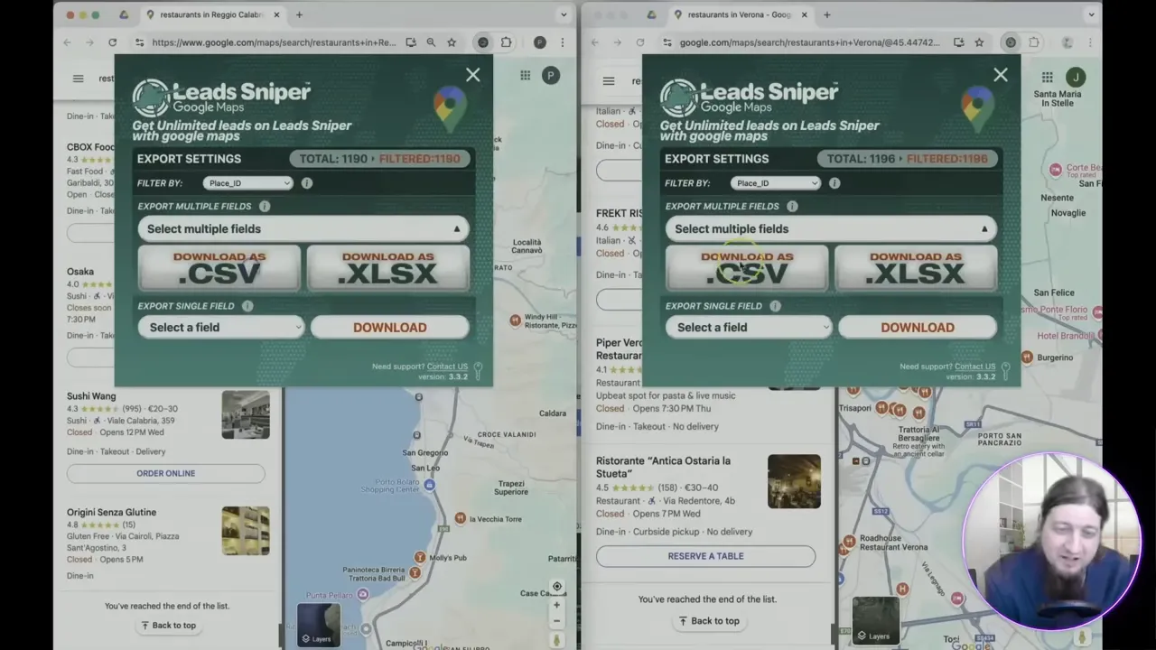 Exported leads in Google Sheets showing phone, email, website