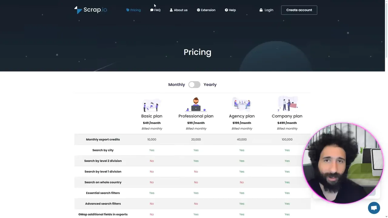 Scrapey.io pricing tiers displayed on screen