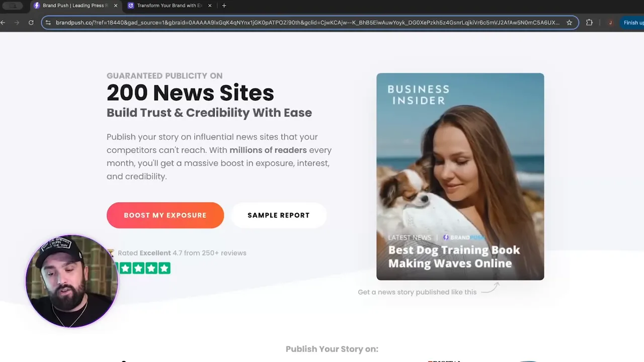 Brand Push homepage showing MSN, Business Insider and other publication logos