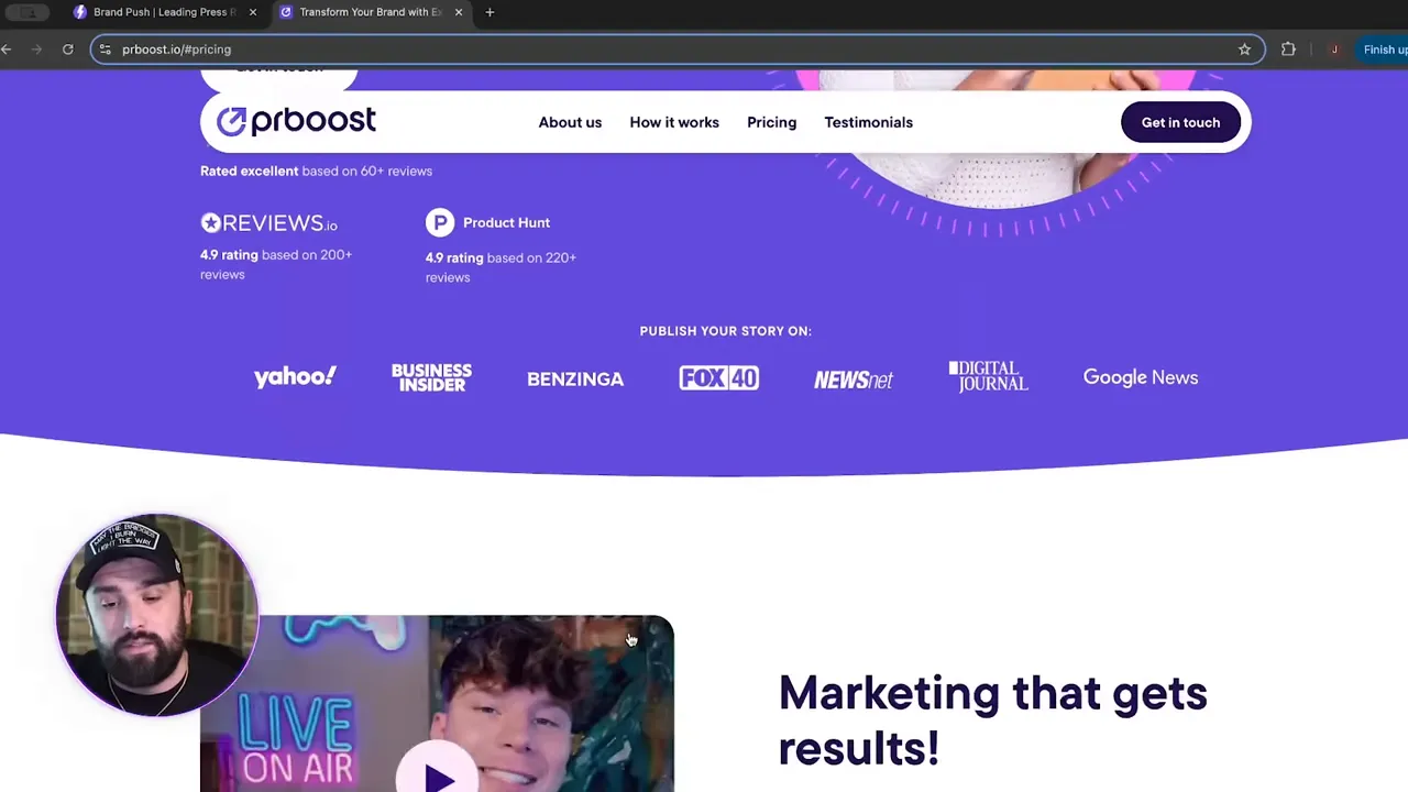 PR Boost homepage highlighting press release services and 'As Seen On' badge