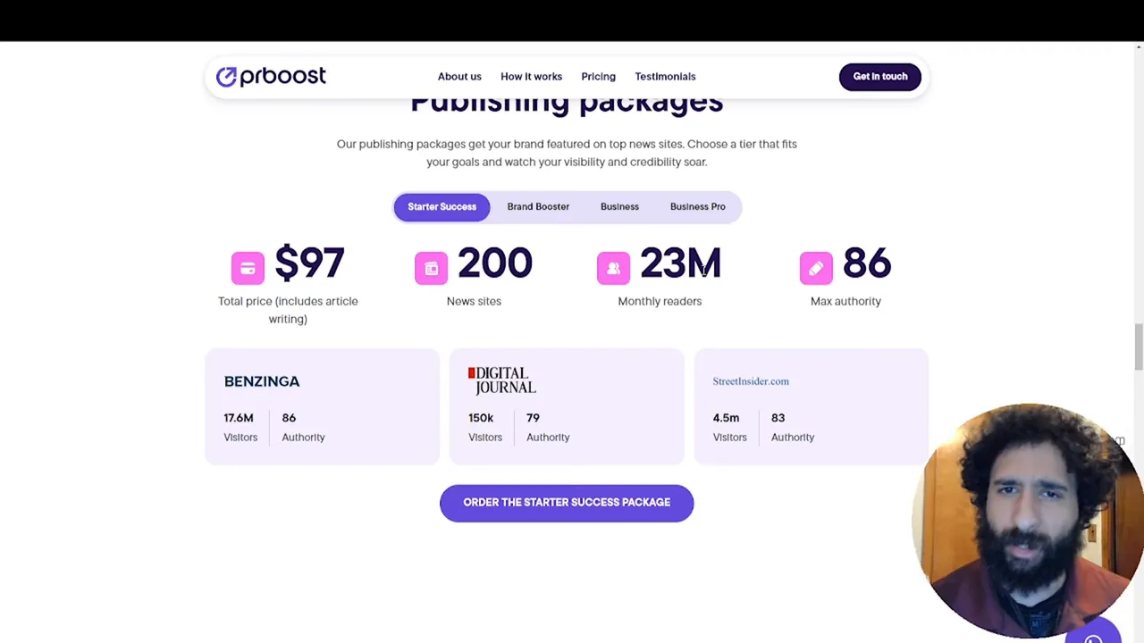 Pricing examples for PR Boost packages showing starter and premium tiers