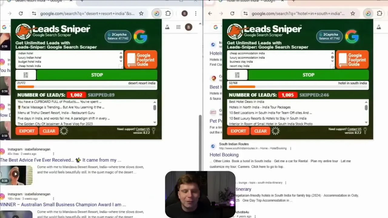 Two browsers running Leads Sniper Google Search Scraper
