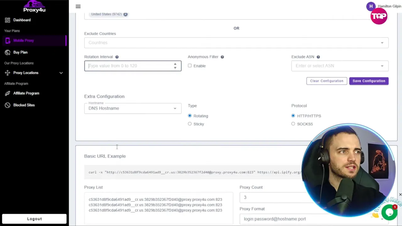 Proxy4u dashboard showing rotation interval, proxy type, protocol options and a basic curl example with presenter overlay