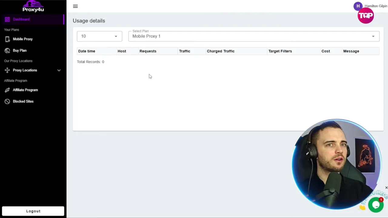 Proxy4u dashboard showing Usage Details panel with plan selector and an empty records table