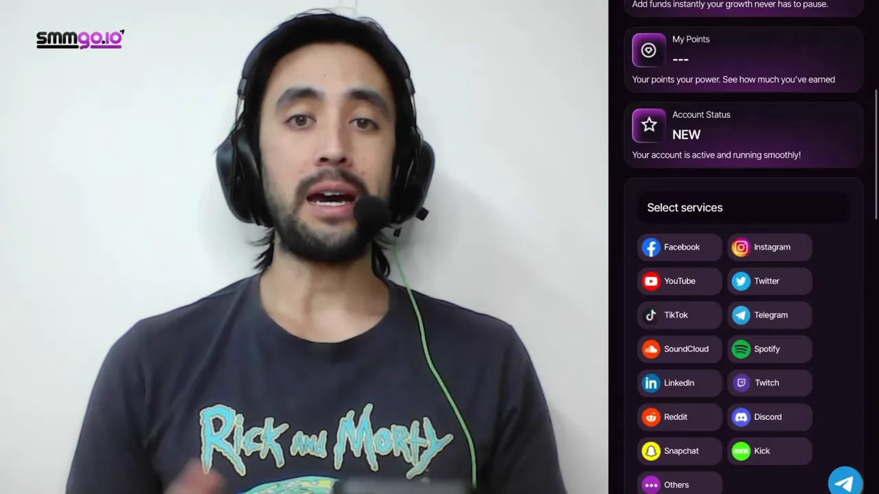 SMMGO service selection screen with platform icons including TikTok, Instagram and YouTube beside the presenter