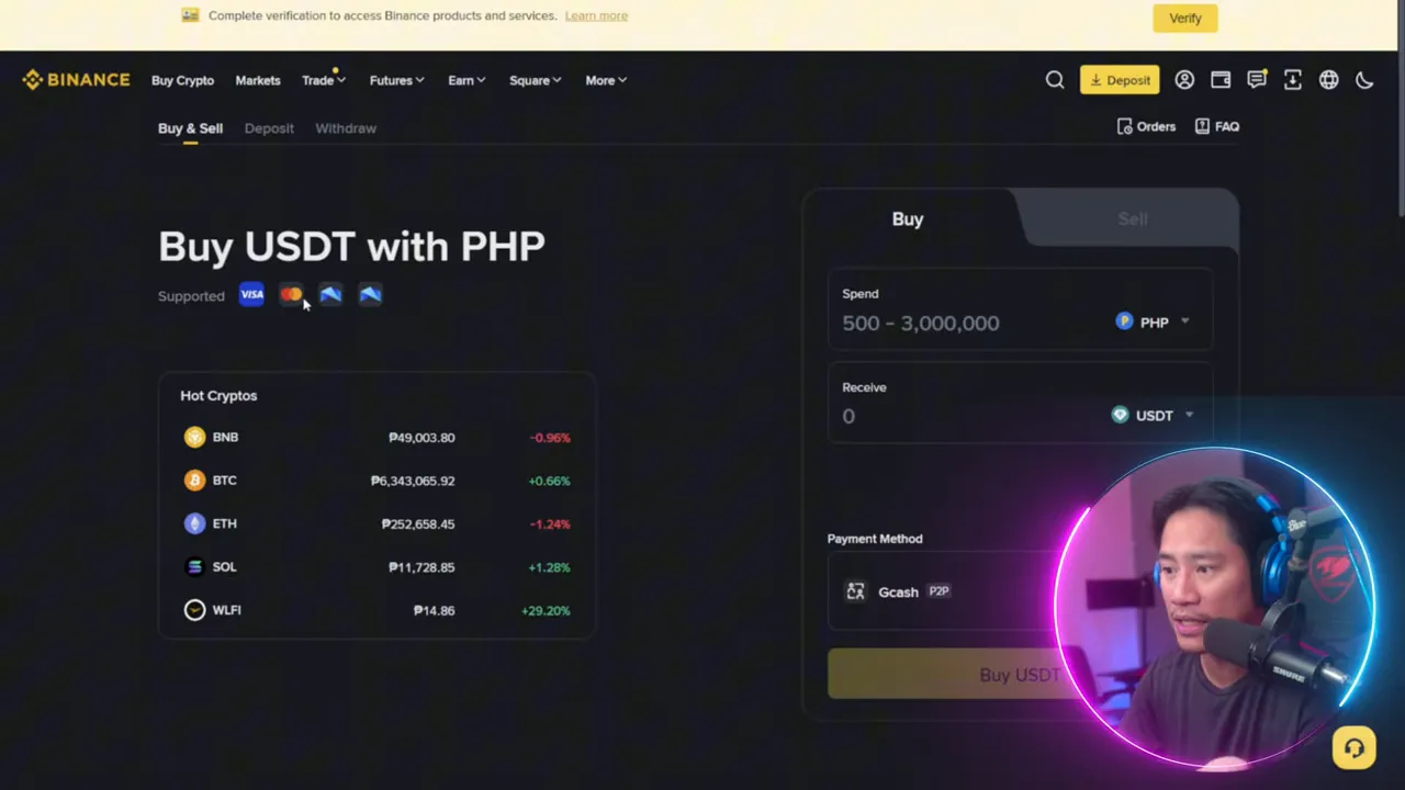Binance 'Buy USDT with PHP' page showing the buy widget, supported payment icons and market prices with presenter overlay