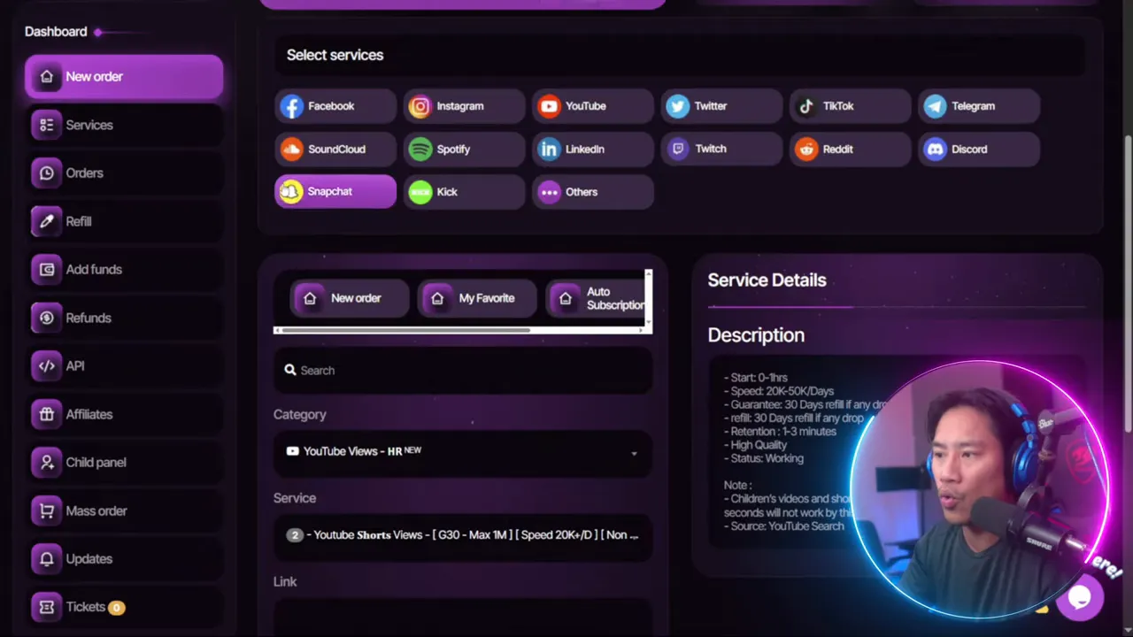 SMMGo dashboard showing platform service icons and service details panel