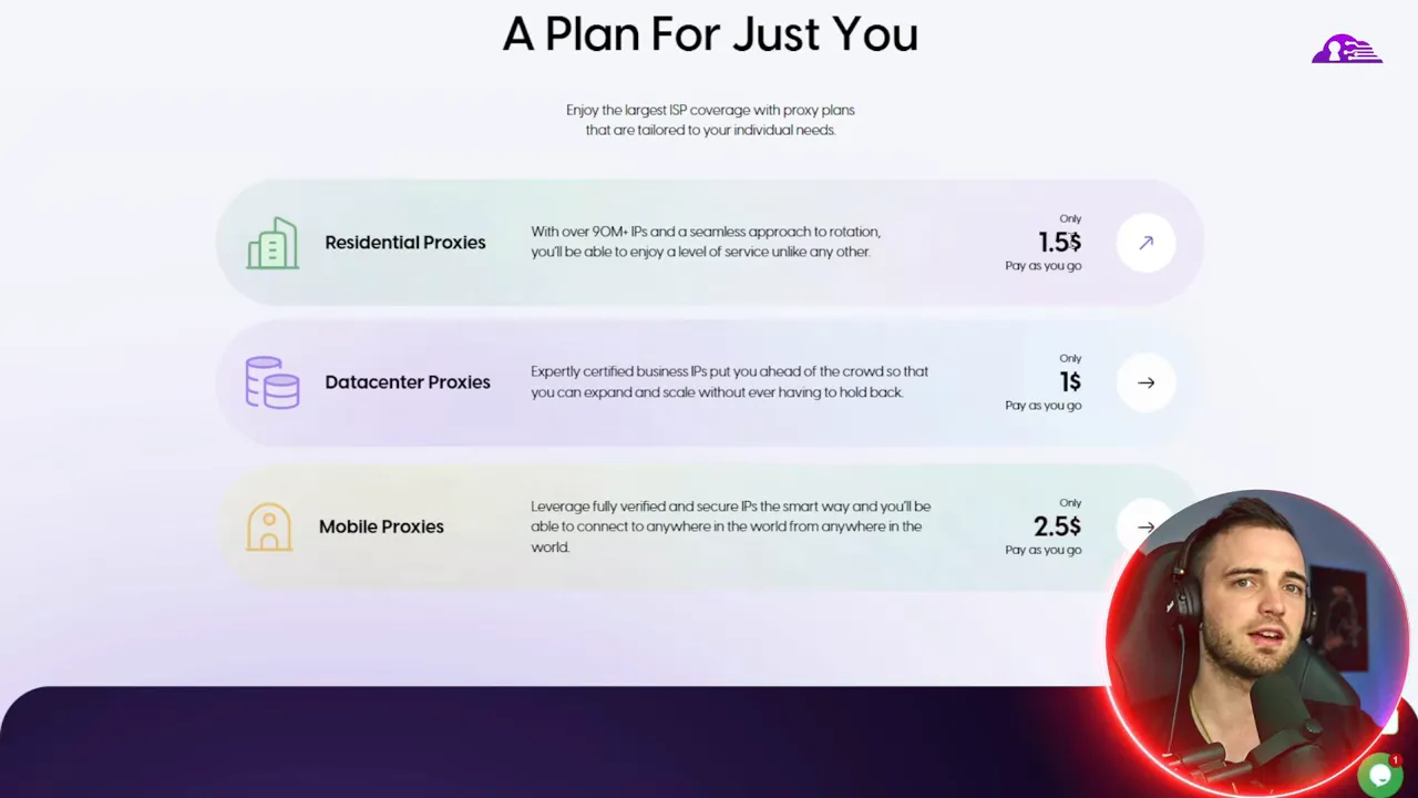 Clear screenshot of Proxy4U plans page showing Residential, Datacenter, and Mobile proxy options and pricing