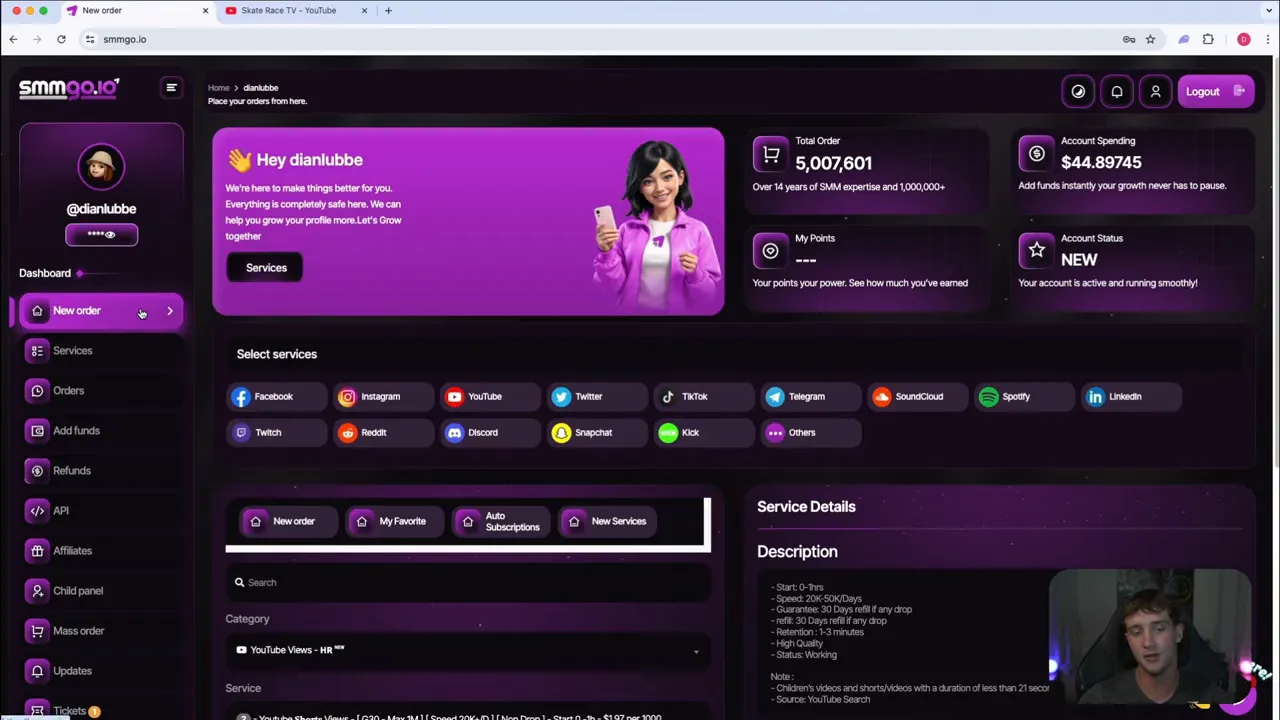clear screenshot of smmgo.io dashboard with 'New order' highlighted, service selection and account summary