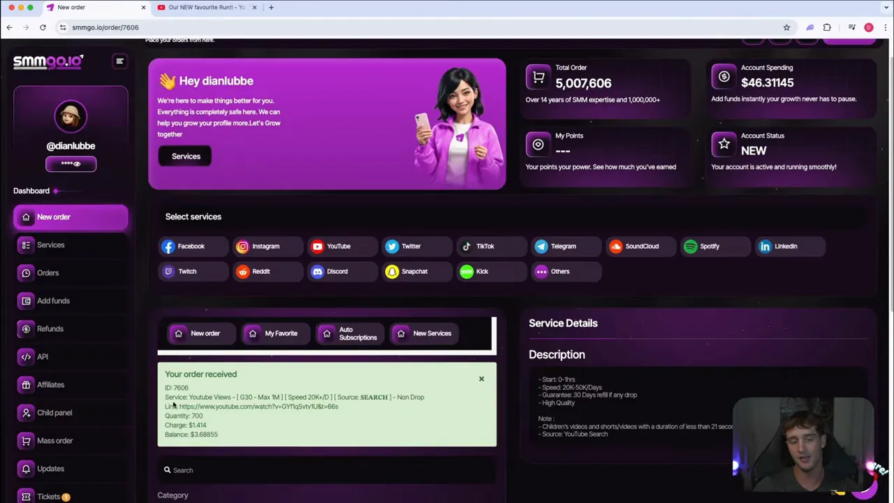 smmgo order confirmation box displaying order id, service, link, quantity, charge and remaining balance on dark dashboard