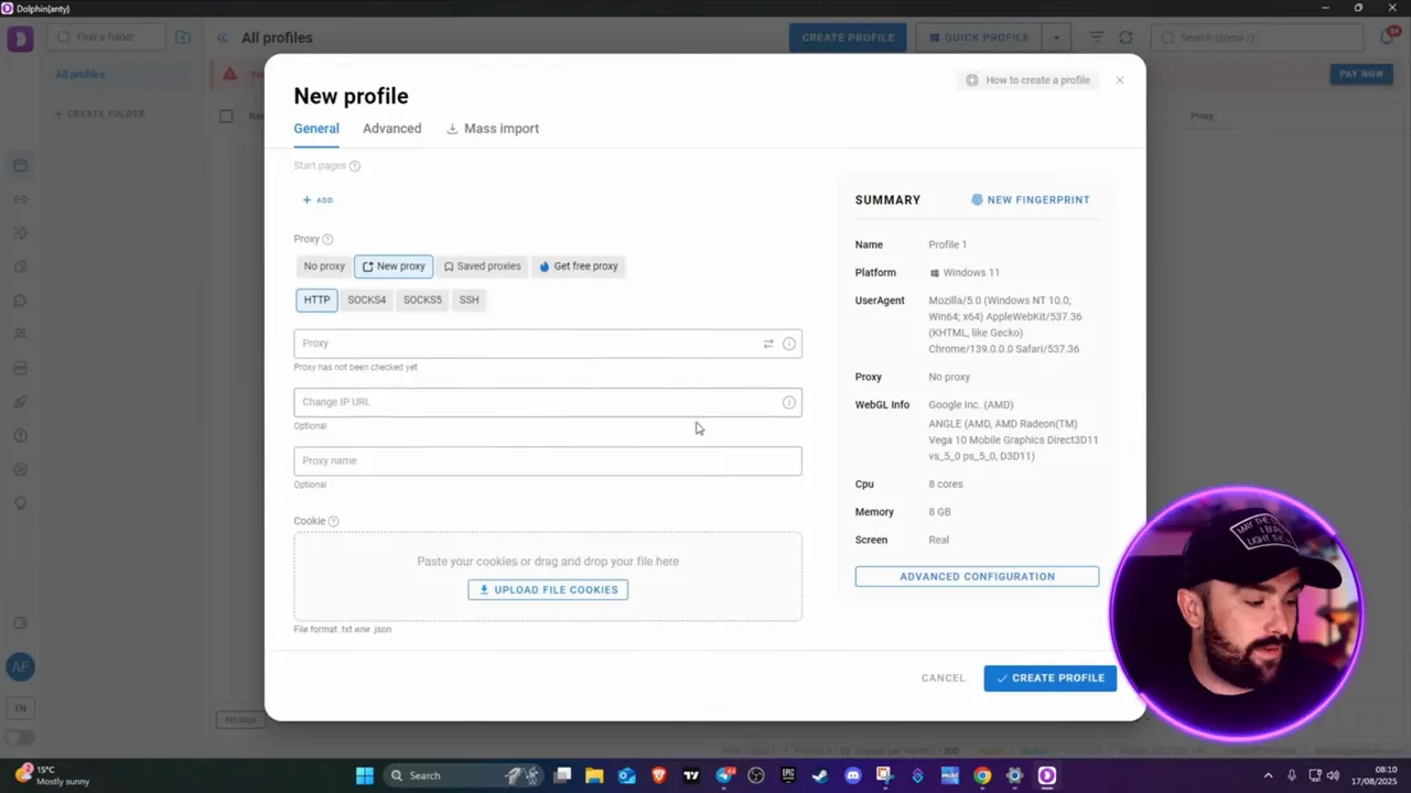 Dolphin Anty dashboard create profile and proxy settings