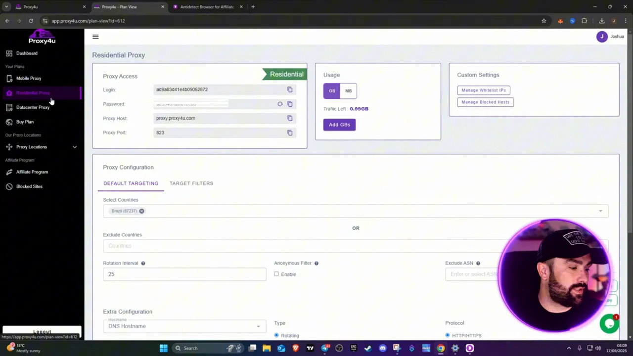 Proxy4U dashboard showing residential proxy options