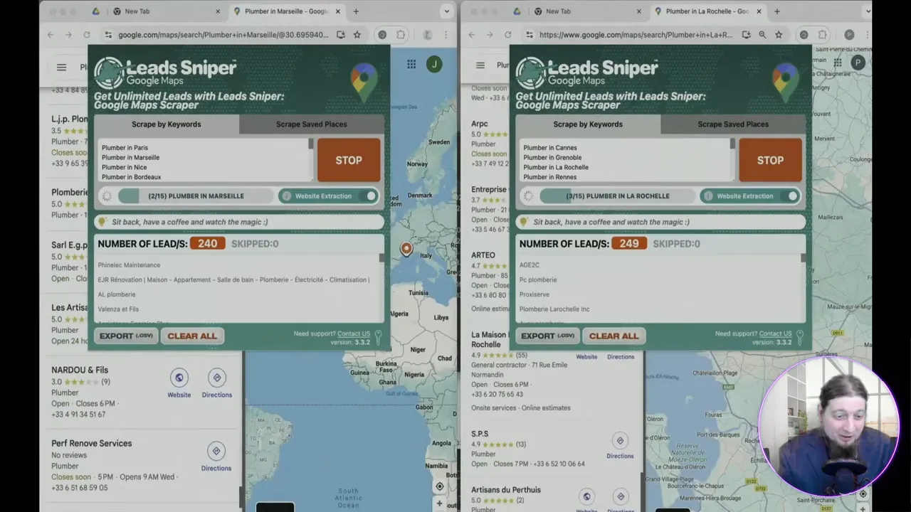 Leads Sniper demo scraping plumbers in Paris — results and export options