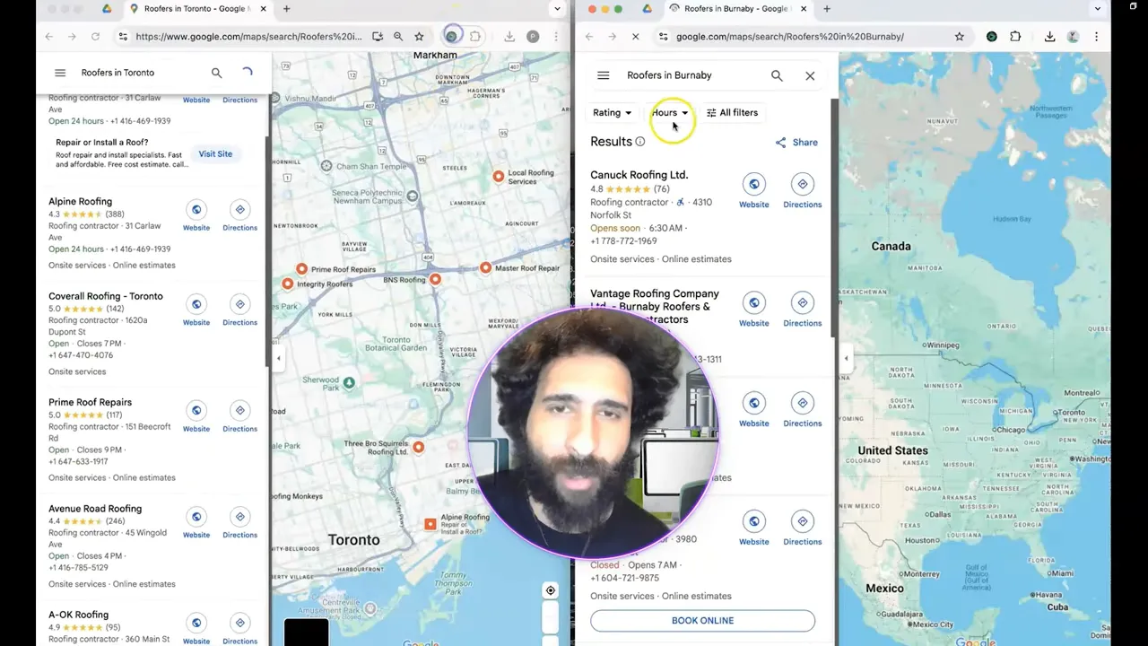 Leads Sniper pulling roofers in Toronto and Burnaby with emails and websites shown