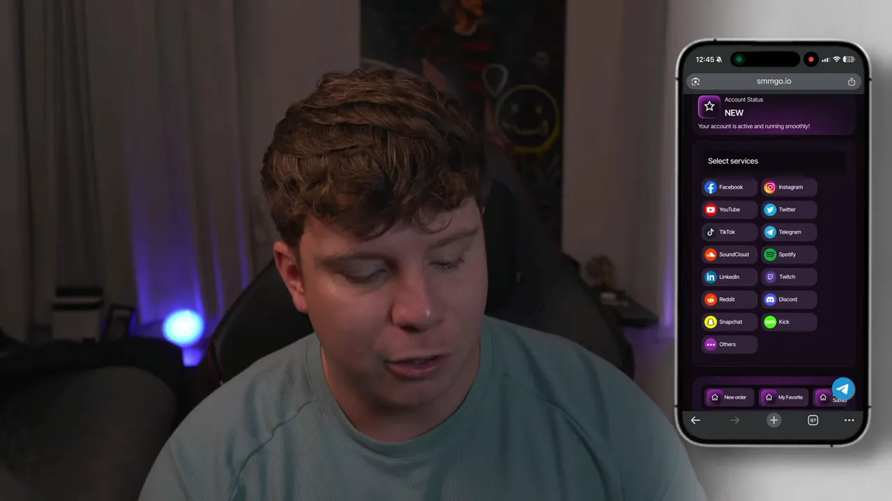 Mobile screenshot of smmggo.io showing selectable service icons including Instagram, YouTube and TikTok.