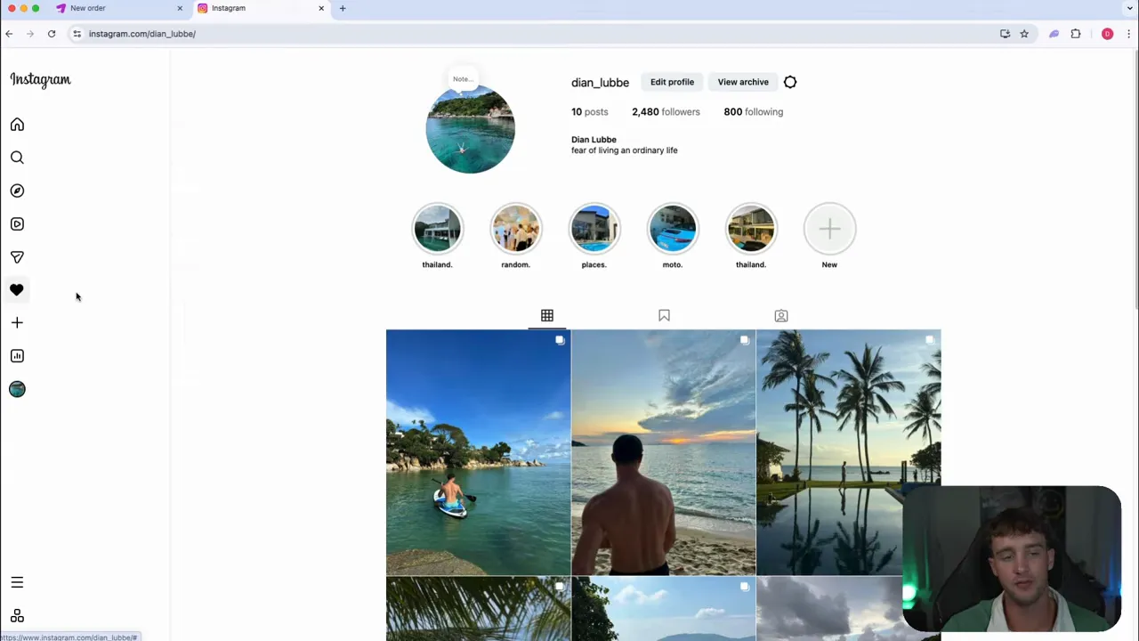 Clear Instagram profile screenshot showing 2,480 followers, story highlights and post grid with unobtrusive webcam overlay