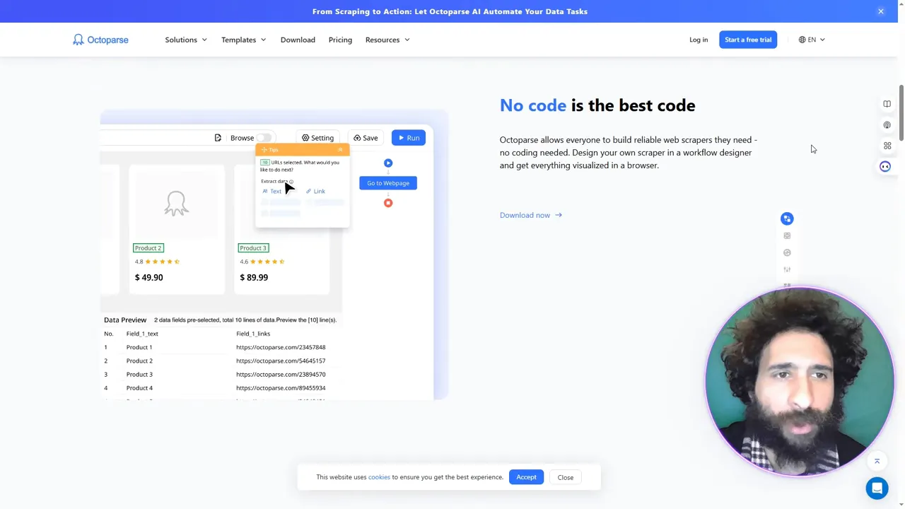 Octoparse AI scraping assistant and workflow configuration screen
