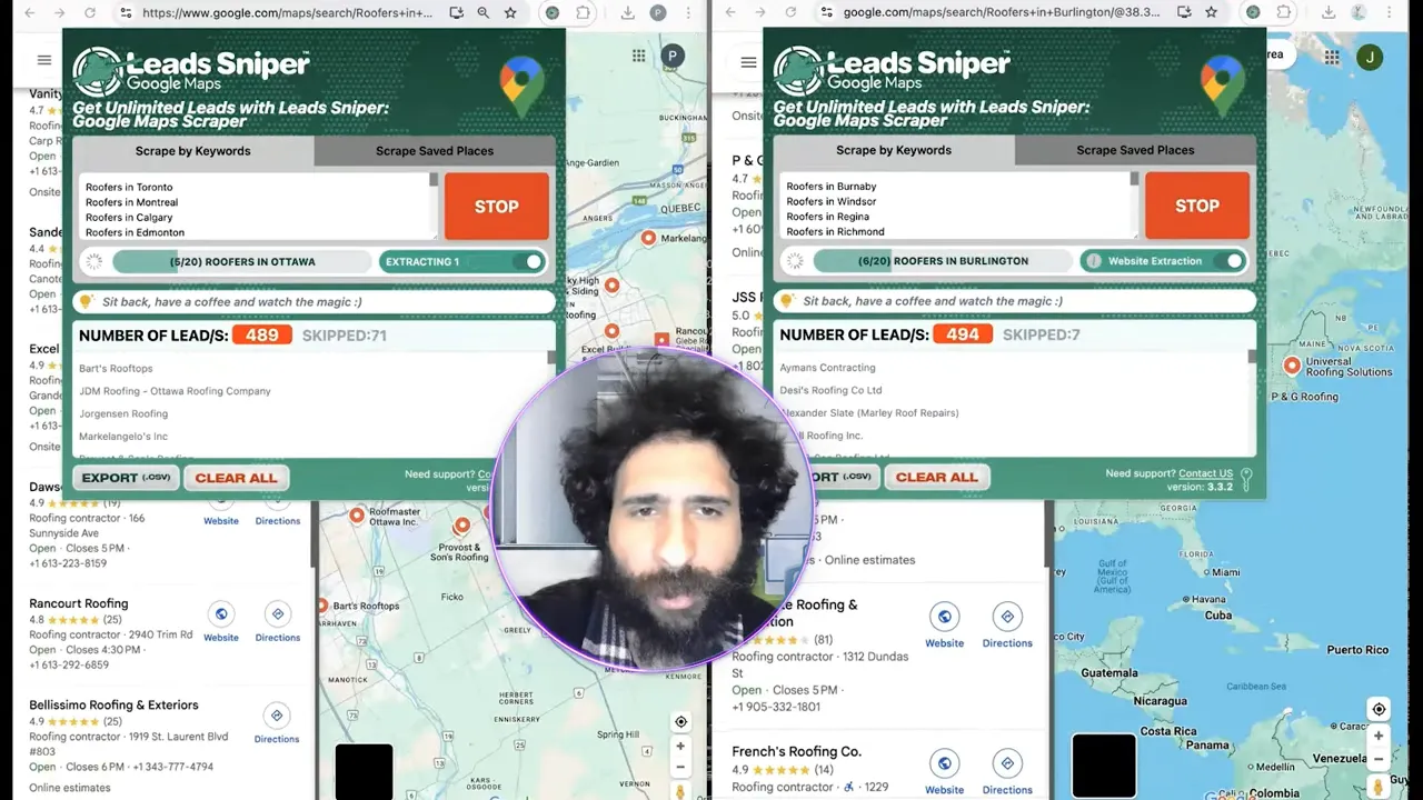 Leads Sniper extracting roofers and exporting CSV to Google Sheets