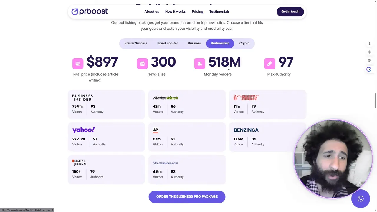 PR Boost package list showing outlets and monthly reach