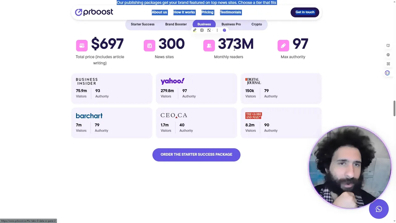 PR boost dashboard showing publisher names and reach numbers