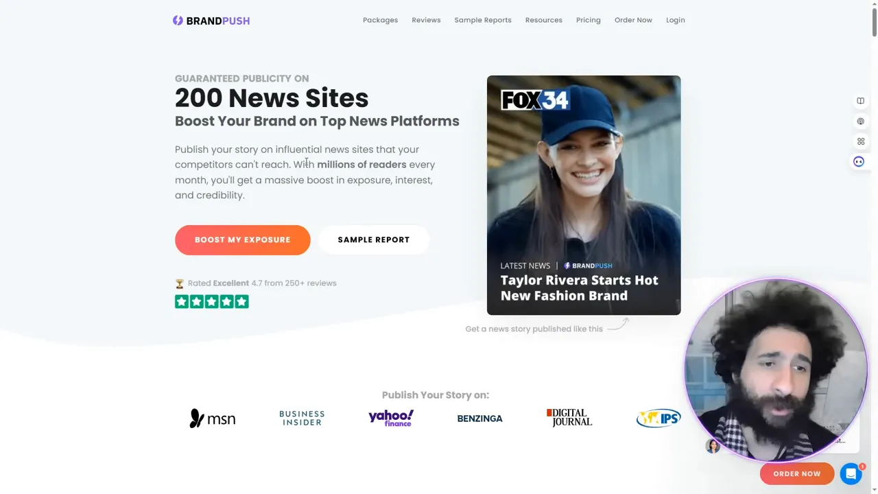 BrandPush interface showing 'As Seen On' badge and publisher list