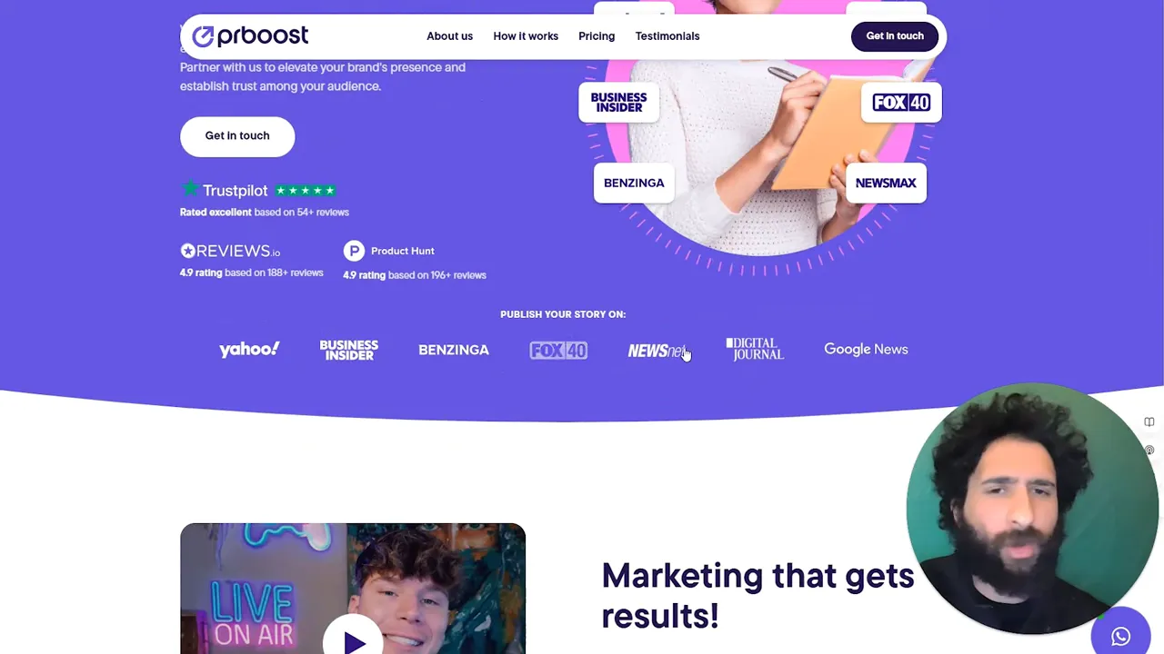 PR Boost homepage showing major outlets like Yahoo and Google News